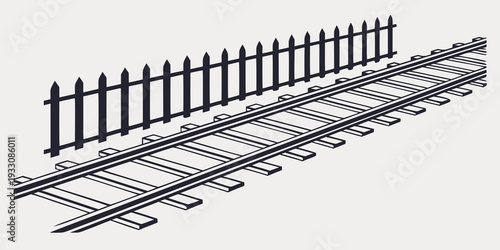 A black and white image of a train track with a fence running parallel to it Vector