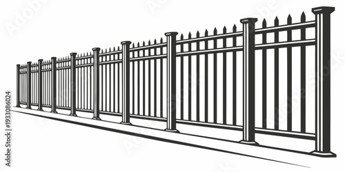 A long row of ornate black metal fence with pointed tops and vertical bars. Vector