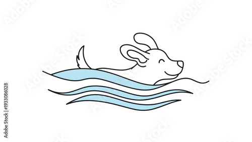 Cute illustration of a happy dog swimming through blue waves with its ears flopping back and a joyful expression on its face.