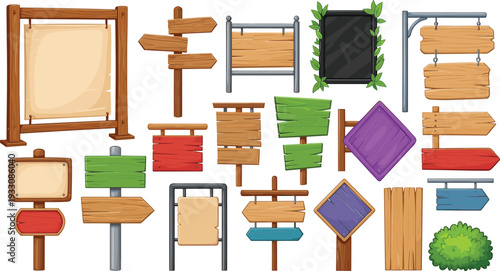 Collection of Colorful Wooden and Metal Signposts with Different Shapes, Frames, and Hanging Designs for Outdoor and Directional Use