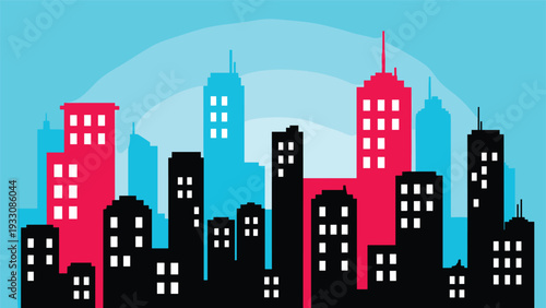 Vibrant and modern city skyline illustration featuring colorful skyscrapers in pink, blue, and black against a light blue backdrop.