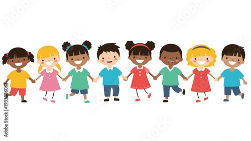 Row of eight diverse children from different ethnic backgrounds holding hands and smiling in a symbol of global unity and friendship.