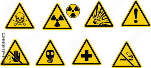 Hazard warning symbols collection featuring toxic, radiation, explosion, biohazard and safety caution signs in industrial danger icon set illustration