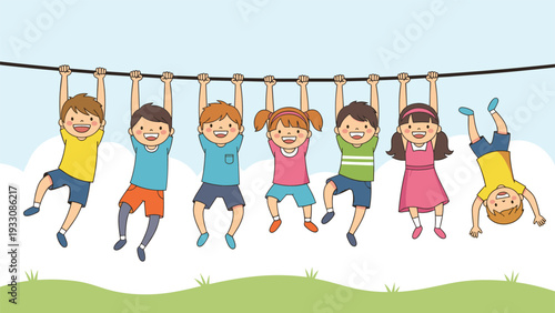 Group of seven happy children hanging and playing on a thick black rope or cable against a grassy field and blue sky.