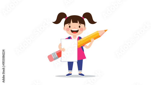 Cute young girl with pigtails holding a massive yellow pencil and a blank white paper representing creativity and education.