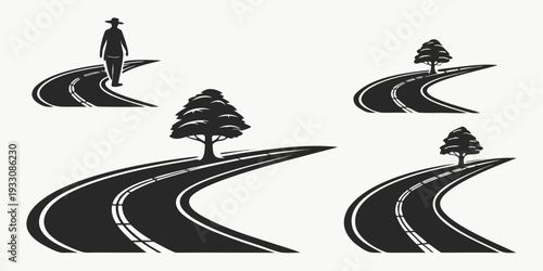 Silhouettes of people riding bicycles on a winding road with trees Vector