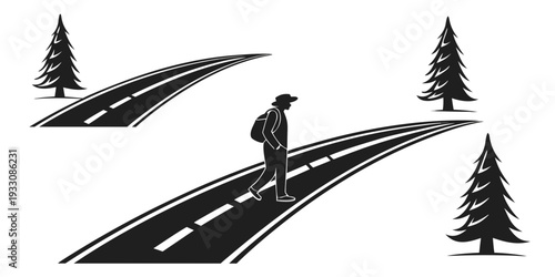 A man walking on a winding road surrounded by trees in a black and white illustration Vector