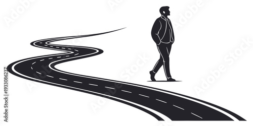 A person walking along a winding path towards a distant destination. Vector