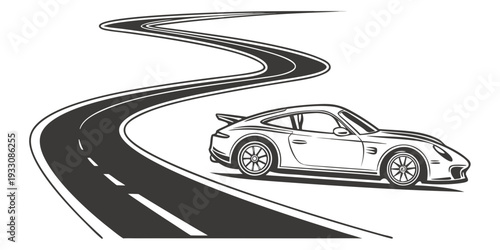 A high-speed race car navigating a winding road with precision and control. Vector