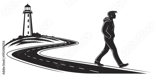 A person walking along a winding road towards a distant lighthouse Vector