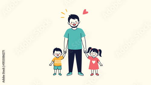 Smiling father holds hands with his young son and daughter in a heartwarming family illustration on a plain background.