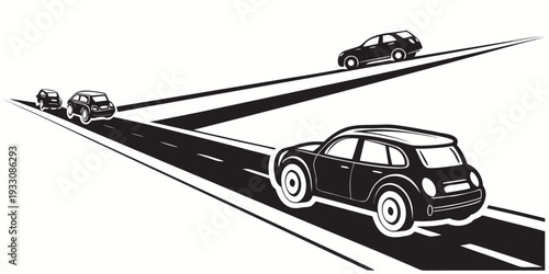 A black car is driving up a steep hill with other cars following behind. Vector