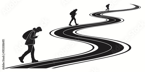 Three individuals journeying along a winding path in a black and white illustration Vector