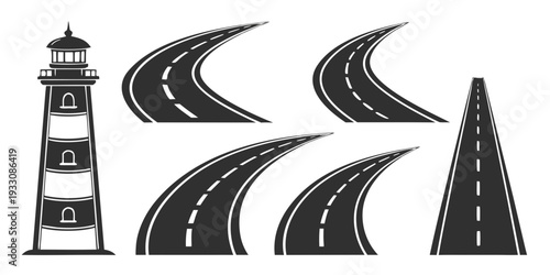 A lighthouse guiding ships through winding roads and curves Vector