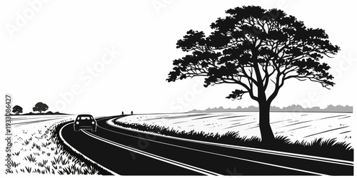 A serene landscape featuring a winding road leading to a solitary tree on a hill Vector