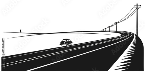 A train travels along a bridge over a vast, empty landscape under a clear sky. Vector