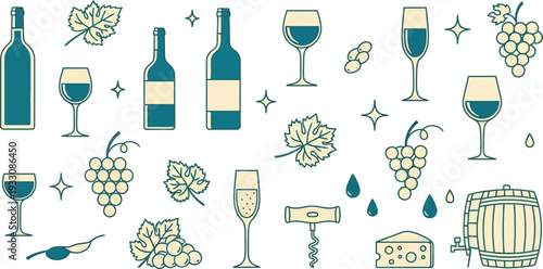 Wine and winemaking flat line art vector illustration set. Collection of icons including bottles, glasses, grapes, and barrel for design assets.