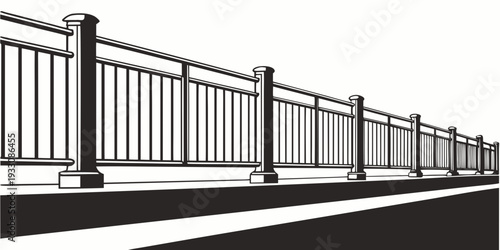 A row of white metal fences with horizontal bars and vertical supports. Vector