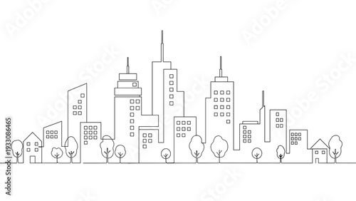 Modern city skyline represented in a simple black line art style with various tall skyscrapers and small urban trees.