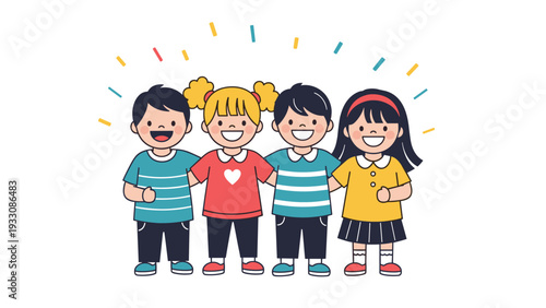 Group of four diverse and happy children stand together with colorful confetti falling around them in celebration.