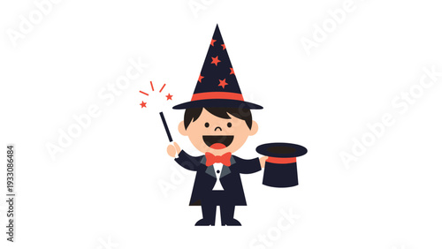 Cute young boy dressed in a magician costume holds a magic wand and a black top hat while smiling at the audience.