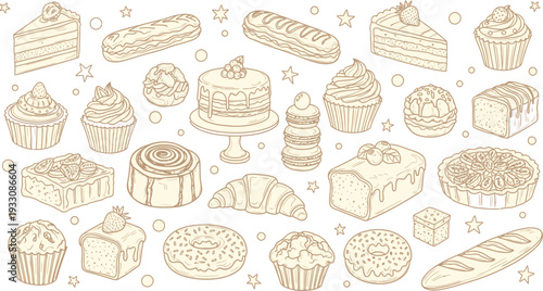 Hand drawn bakery items set illustration. Vintage outline vector collection of pastries, cakes, and desserts for menu design.