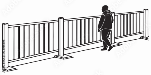 A person in a suit stands at the entrance of a large metal gate. Vector
