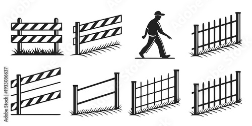 A person walking past various types of barriers and road blocks Vector