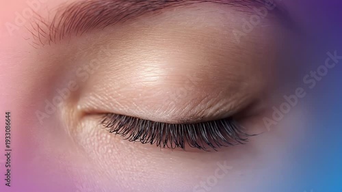 Close-up of a human eye, brown iris, and long eyelashes.