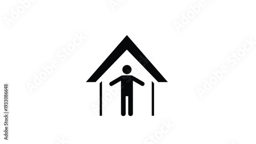 Minimalist black icon shows a person silhouette standing inside the simple outline of a house representing home shelter.