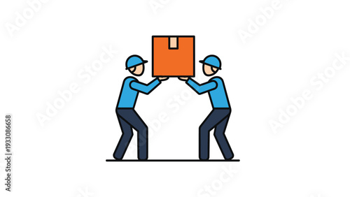 Two delivery workers in blue uniforms and hats work together to carry a large orange cardboard box on a white background.