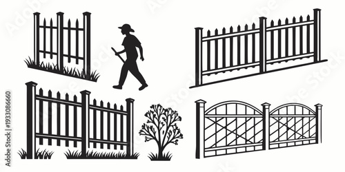 Various styles of fences and gates with a person walking through Vector