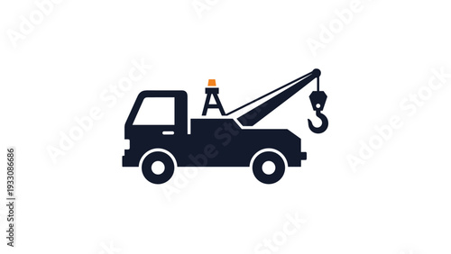 Solid dark blue silhouette of a heavy duty tow truck with a crane arm and a hook used for vehicle recovery services.