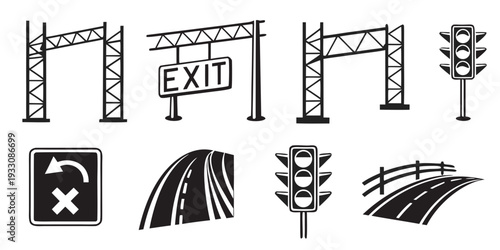 A collection of construction equipment and road signs for traffic management and safety Vector