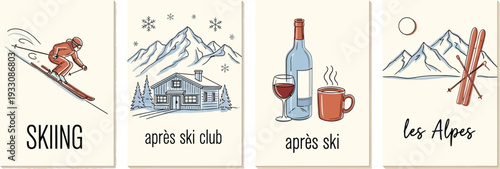 Hand-drawn skiing and après ski vector illustration set. Winter sport activities, mountain landscape, and chalet doodle collection.