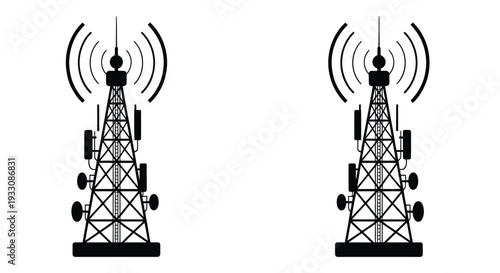 Cell towers featuring visible antennas and radiating signal waves from the top, clear communication technology symbol, minimalist black and white vector style, mobile network and connectivity concept 