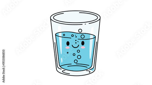 Adorable cartoon glass filled with bubbly blue water features a happy face with big eyes and a wide friendly smile.