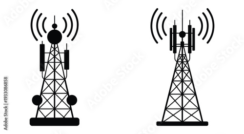 Cell towers with antennas and signal waves emitting from the top clearly shown, modern telecommunications infrastructure illustration, wireless network transmission concept, high contrast monochrome
