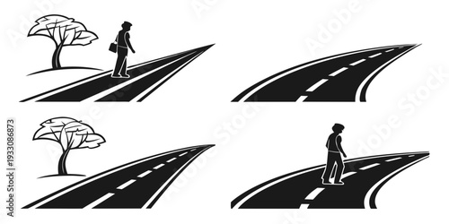 A person walking and riding a bicycle on a winding road with trees. Vector