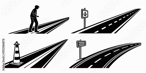 A series of images depicting a person walking on a narrow road with various signs. Vector