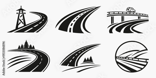 Six abstract black and white line art designs featuring various shapes and forms Vector