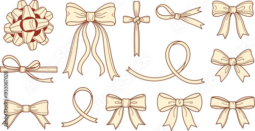 Hand drawn ribbon bows set illustration. Vintage sketch style decorative elements for gift wrapping, celebration, and holiday design vector.
