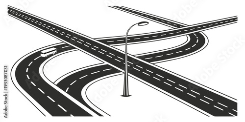 A complex intersection with multiple winding roads and traffic signals Vector