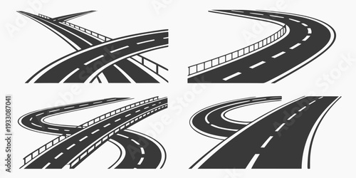 A collection of four unique, stylized road signs depicting various intersections and turns. Vector