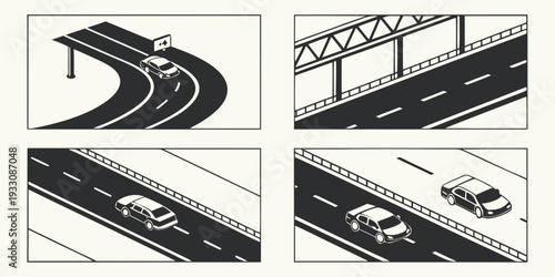 A series of images depicting various road conditions and safety measures. Vector