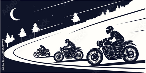 Three motorcyclists riding on a winding mountain road at night under a starry sky Vector