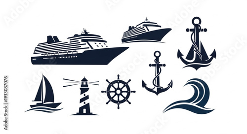 Nautical themed collection of ships, anchors, waves, and lighthouse illustrations.
