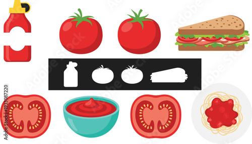 Tomato food ingredients vector set. Fresh tomatoes, ketchup bottle, sandwich and pasta illustration. Cooking elements isolated on background.