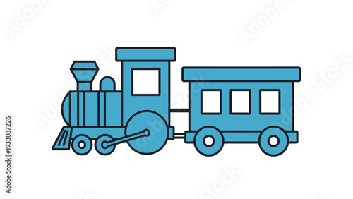 Simple blue illustration shows a classic steam engine train pulling a single passenger carriage on a white background.