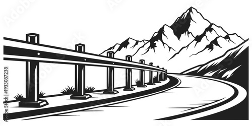 A majestic train journey through the snow-covered mountains and valleys. Vector